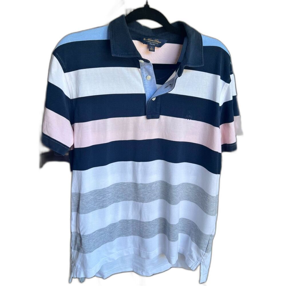 Brooks Brothers Short Sleeve Polo Shirt Men M Blue Pink Slim Fit Striped Preppy